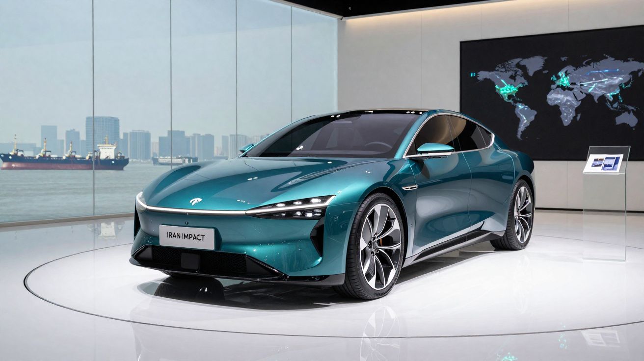 Carro elétrico moderno verde em exposição com vidro e cenário urbano ao fundo.