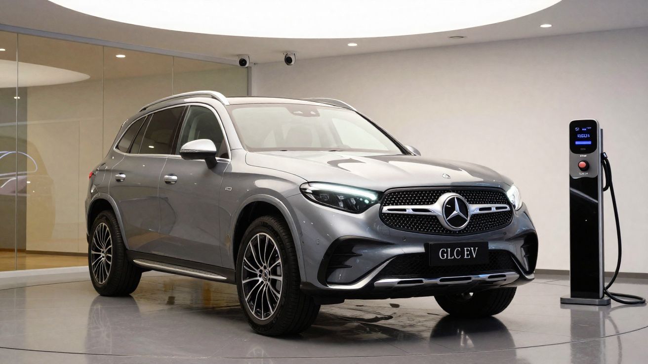 Mercedes-Benz GLC EV cinzento estacionado interior com estação de carregamento elétrica ao lado.