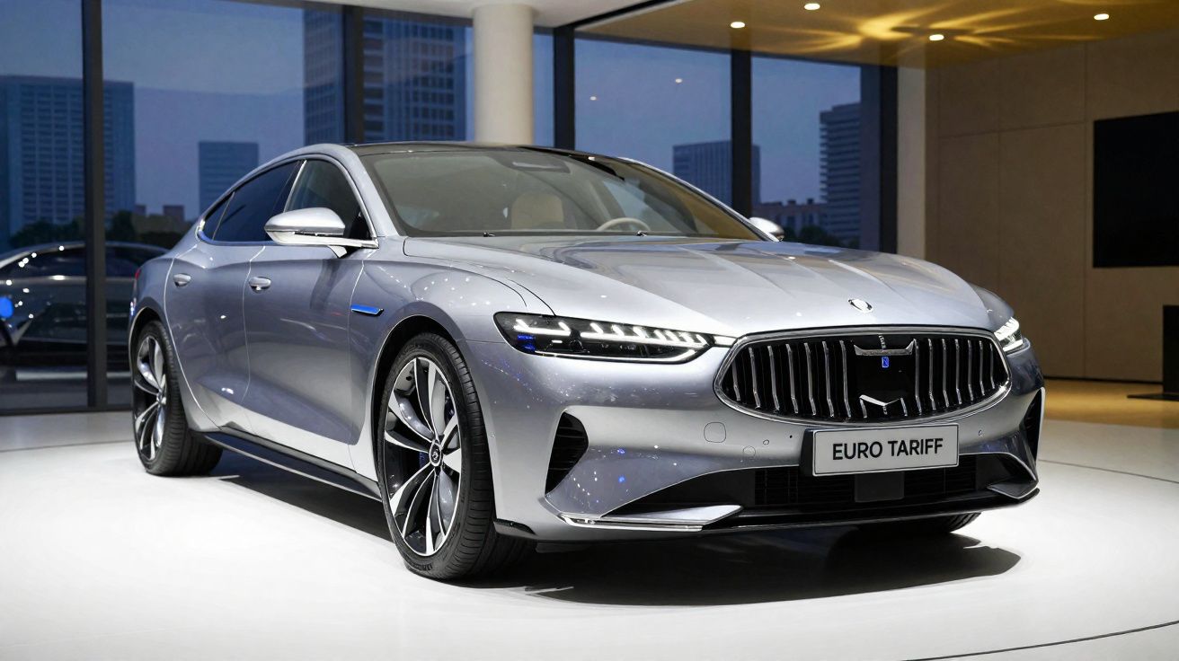 Carro elétrico prata desportivo estacionado em ambiente interior moderno com iluminação suave.