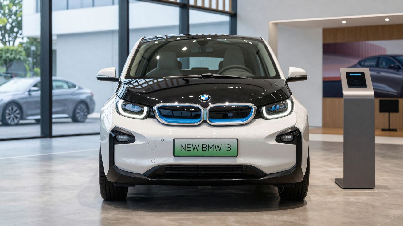 Carro elétrico branco e preto BMW i3, mostrado de frente numa exposição moderna com placa "NEW BMW i3".
