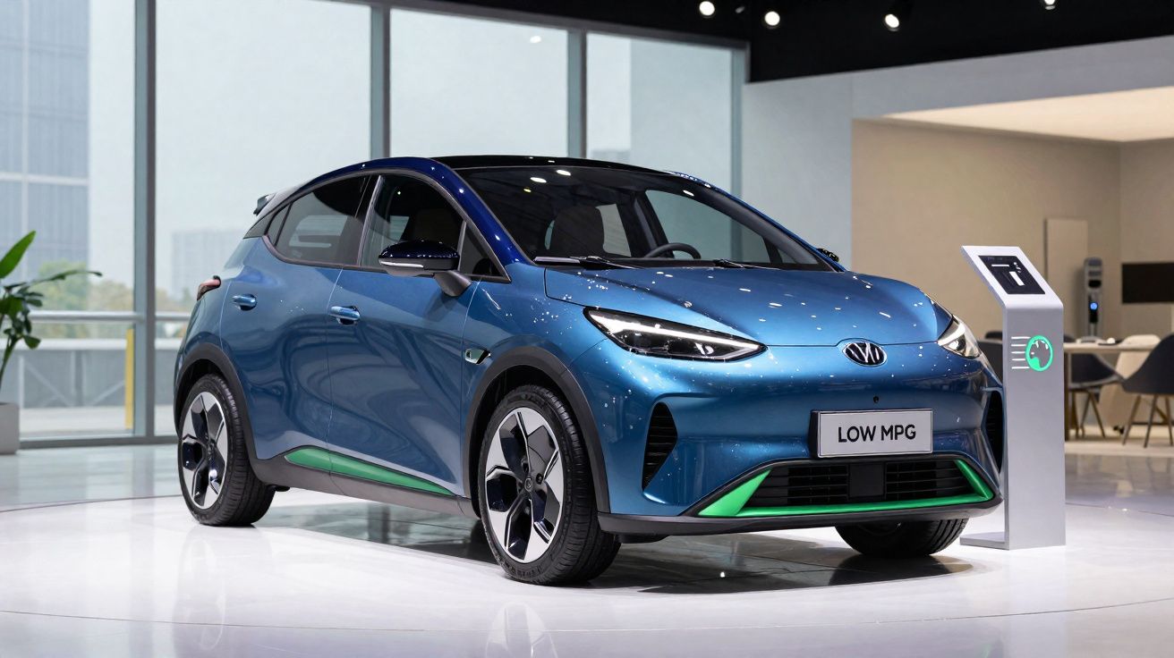 Carro elétrico azul exposto em showroom moderno com painel de carregamento ao lado, design aerodinâmico e faróis futuristas.
