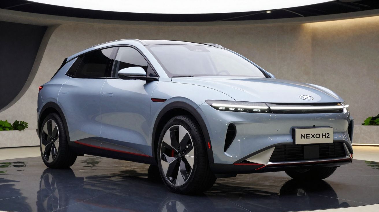 Carro elétrico Hyundai Nexo H2 cinza estacionado em ambiente moderno e iluminado.