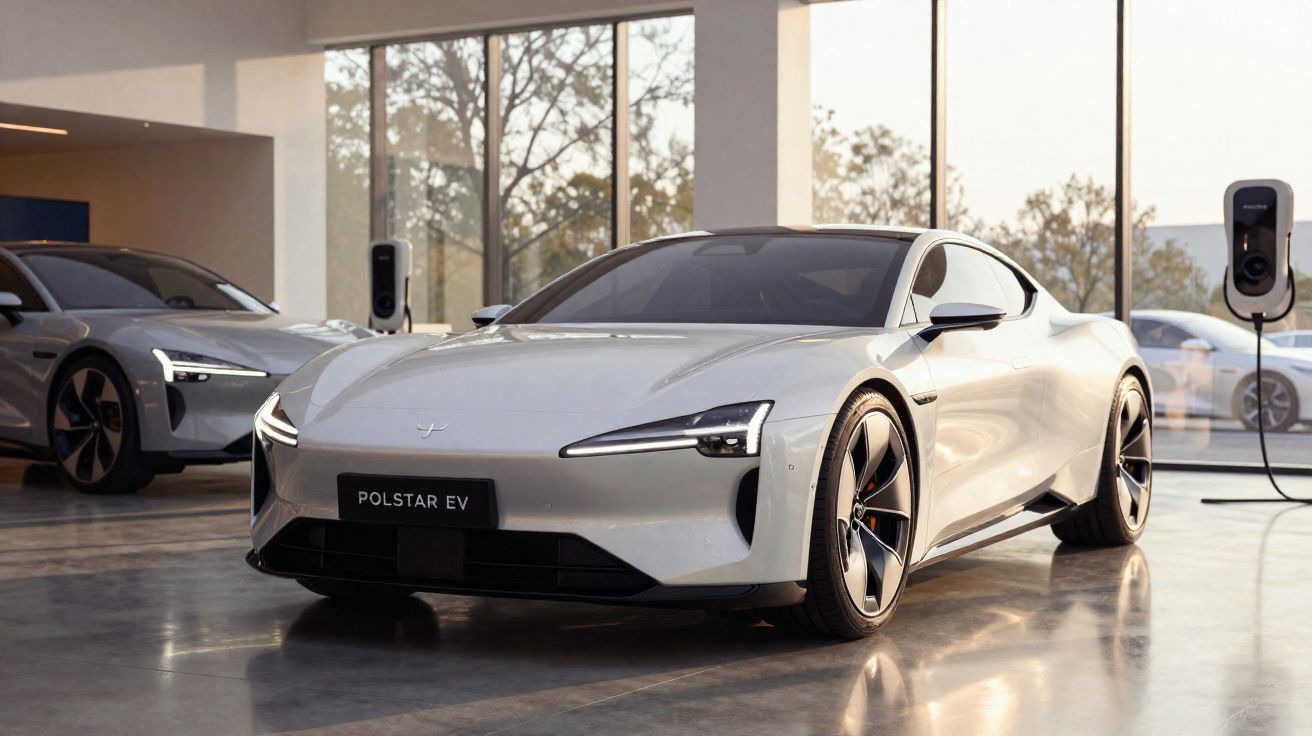Carro elétrico desportivo cinzento Polestar EV estacionado numa garagem moderna com carregadores elétricos.