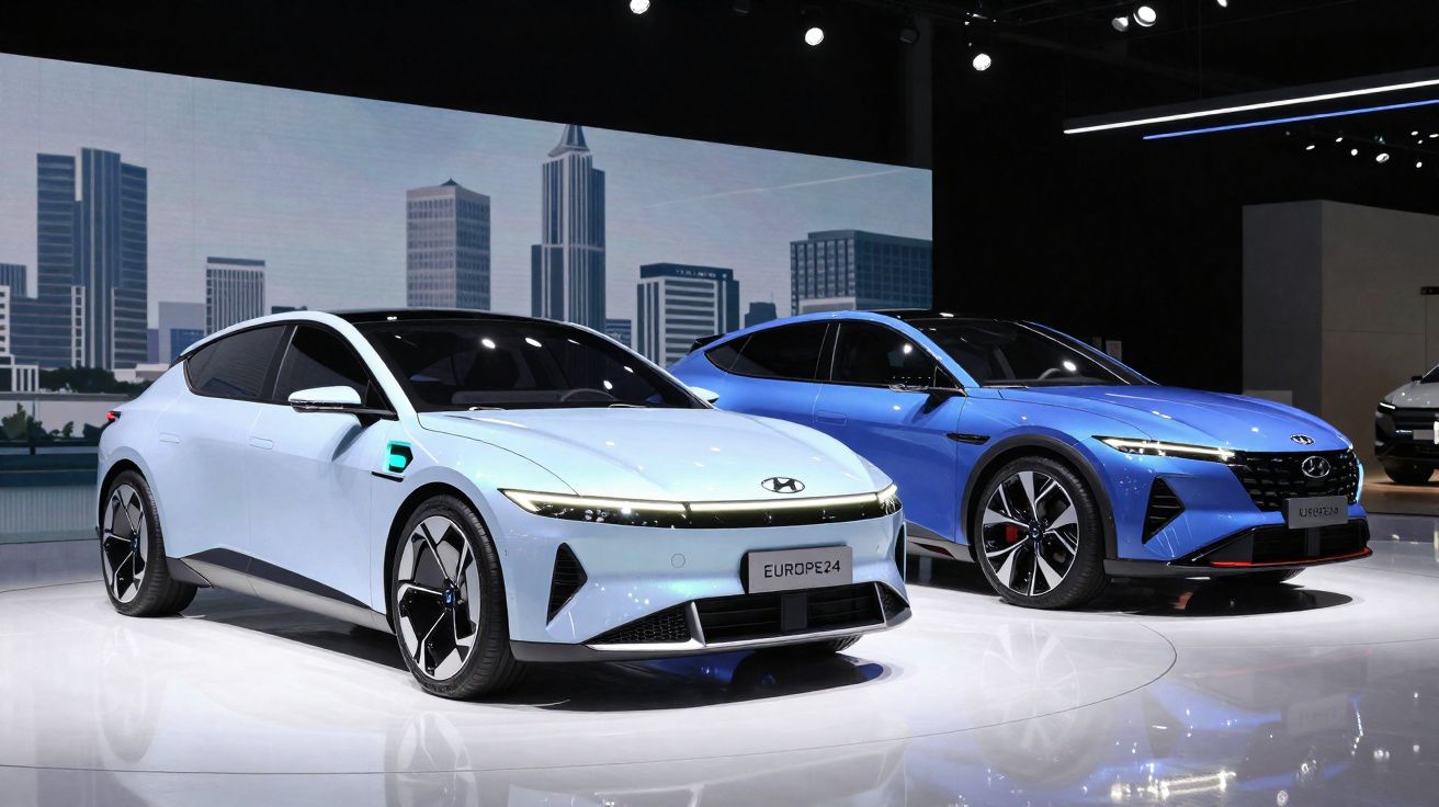 Dois carros elétricos Hyundai de diferentes modelos expostos em salão com fundo de arranha-céus.