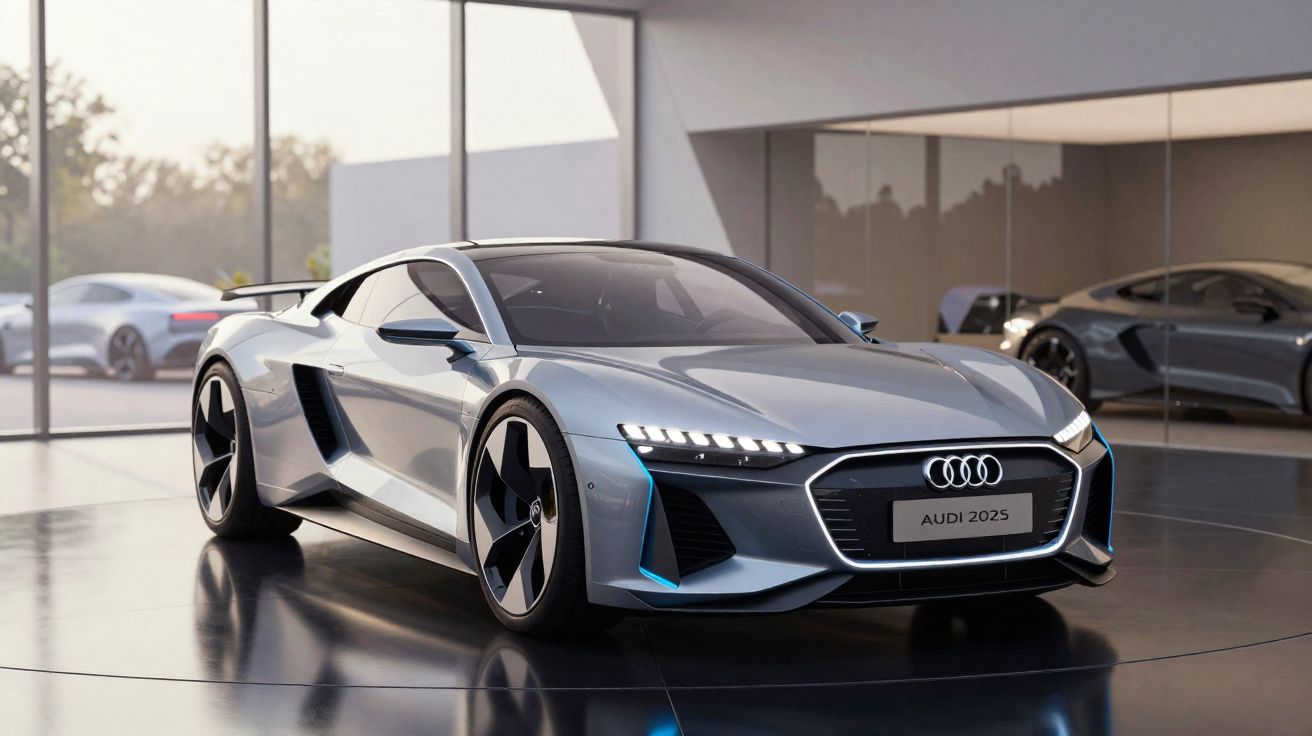 Carro desportivo Audi prateado dentro de showroom moderno com luz natural e reflexos no chão brilhante.