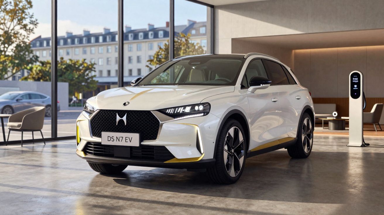 Carro elétrico DS N7 EV branco estacionado em espaço moderno com carregador elétrico ao lado.