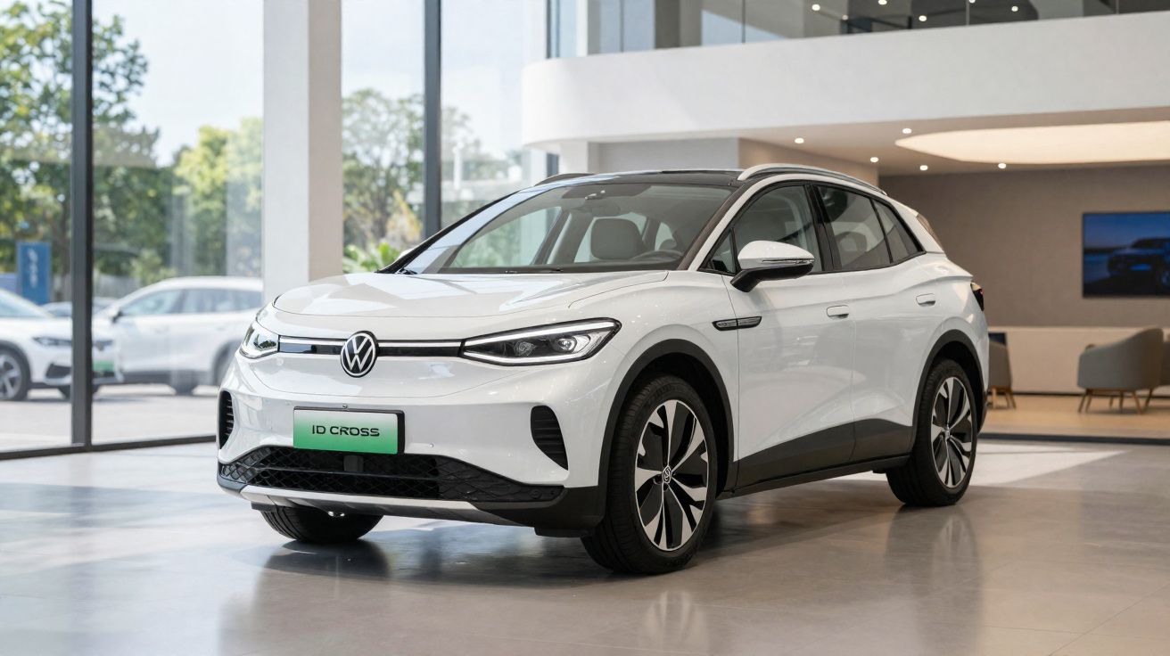 Carro elétrico Volkswagen ID. Cross branco num showroom moderno com janelas amplas.