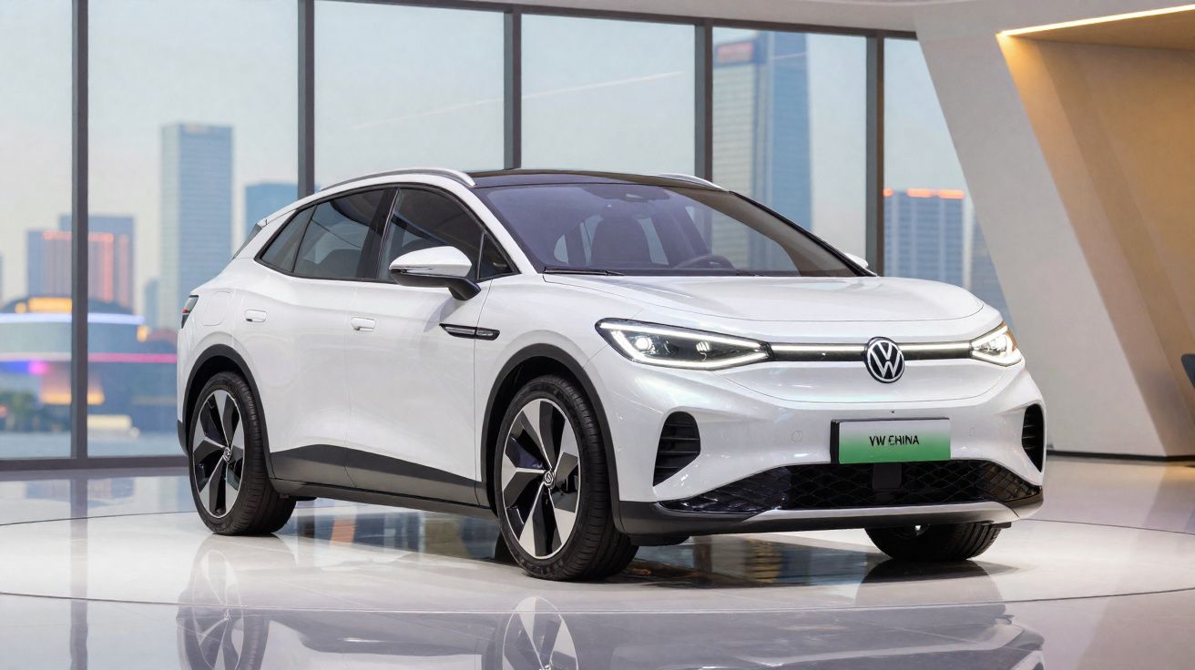 Carro elétrico Volkswagen branco num showroom moderno com janelas grandes e vista urbana ao fundo.
