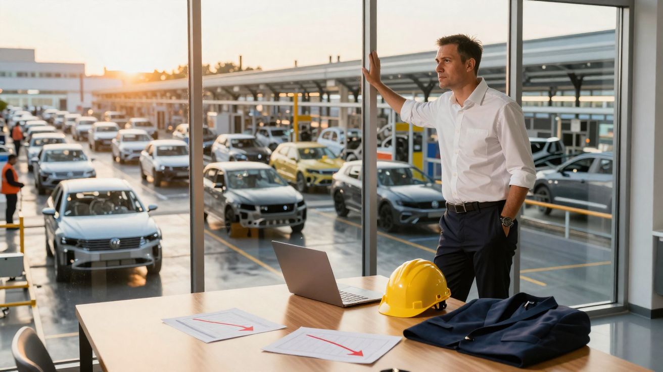 Homem de negócios observa a fábrica de automóveis através da janela com capacete e laptop sobre a mesa.