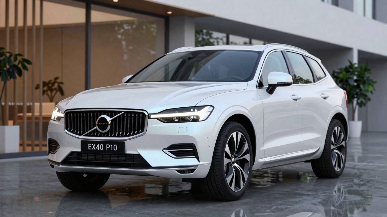 Carro SUV Volvo branco modelo EX40 P10 estacionado em piso refletor junto a edifício moderno.