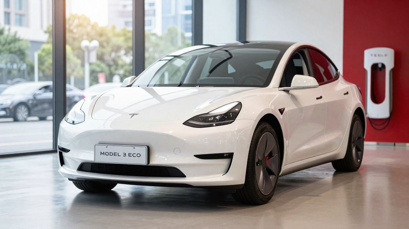 Carro elétrico Tesla Model 3 Eco branco estacionado em espaço interior com estação de carregamento.