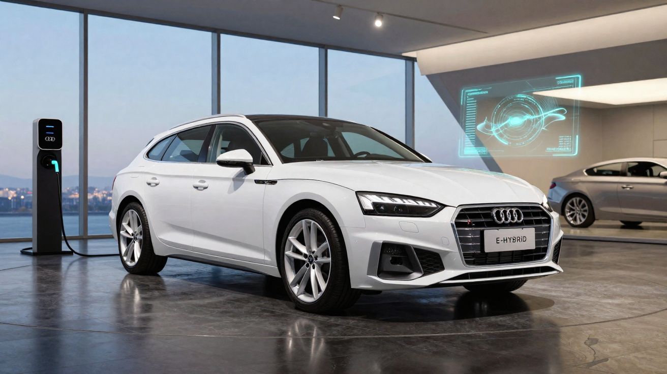 Carro elétrico Audi E-Hybrid branco a carregar num posto numa garagem moderna com vidros grandes.