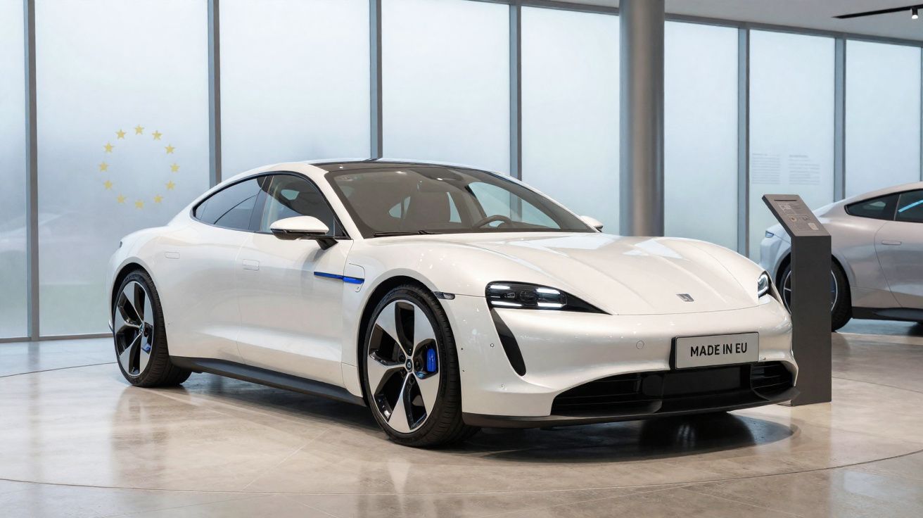 Automóvel elétrico branco de luxo numa exposição interior com placa "Made in EU".
