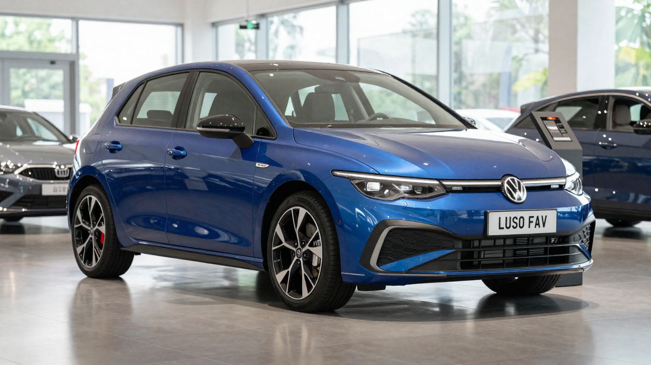 Automóvel Volkswagen azul exposto numa concessionária moderna com interior espaçoso e iluminação natural.