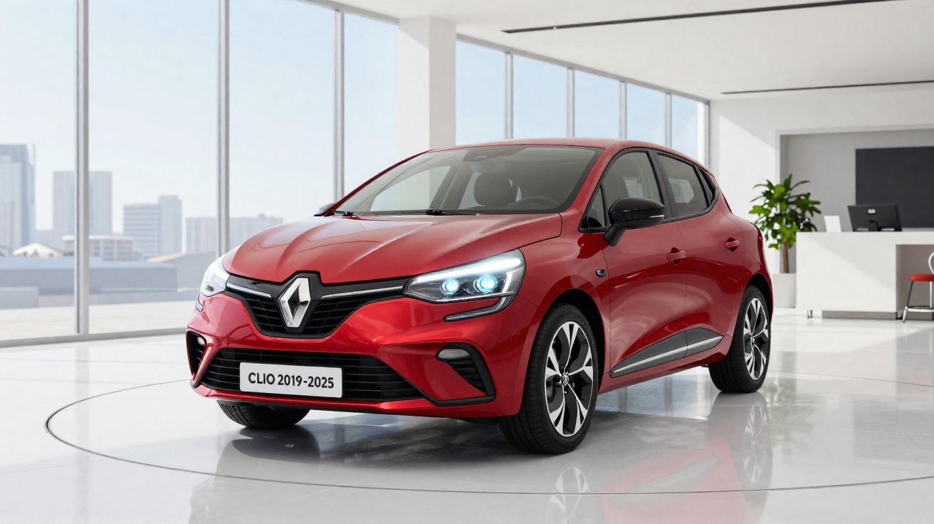 Renault Clio vermelho 2019-2025 em showroom iluminado com grande janelas e chão branco brilhante.