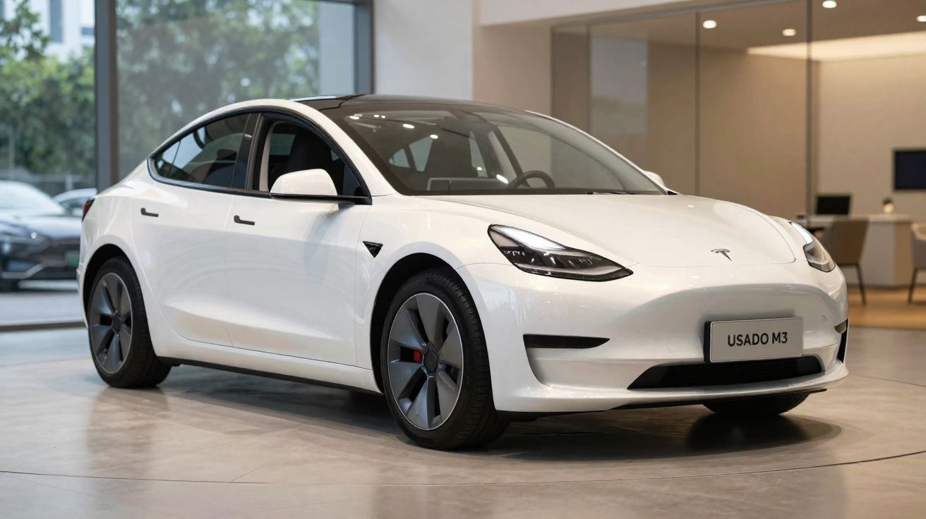 Carro elétrico Tesla Model 3 branco em exposição numa loja, vista frontal e lateral direita.