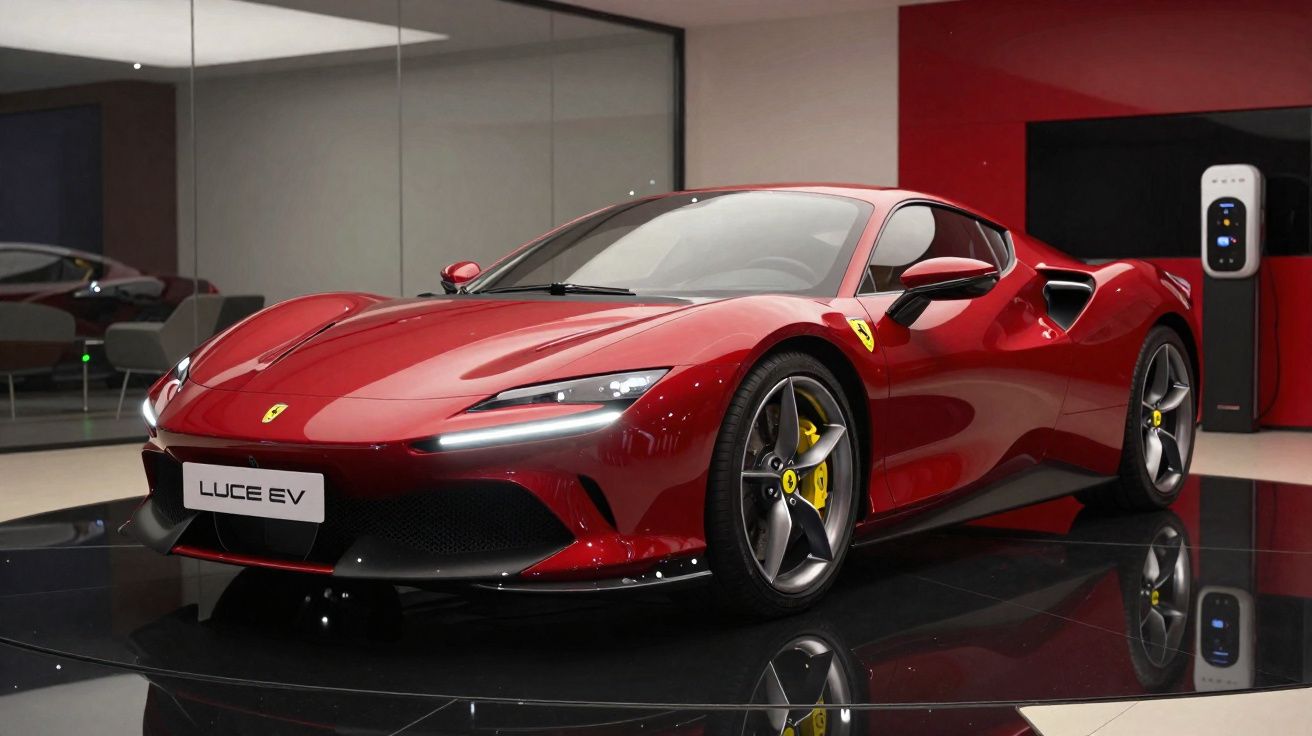 Carro desportivo Ferrari vermelho, modelo LUCE EV, exibido em showroom moderno com carregador elétrico.