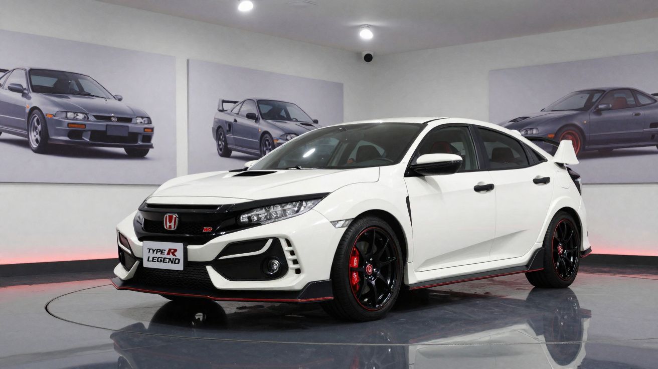 Carro Honda Civic Type R branco exposto em sala com três pinturas de carros desportivos atrás.