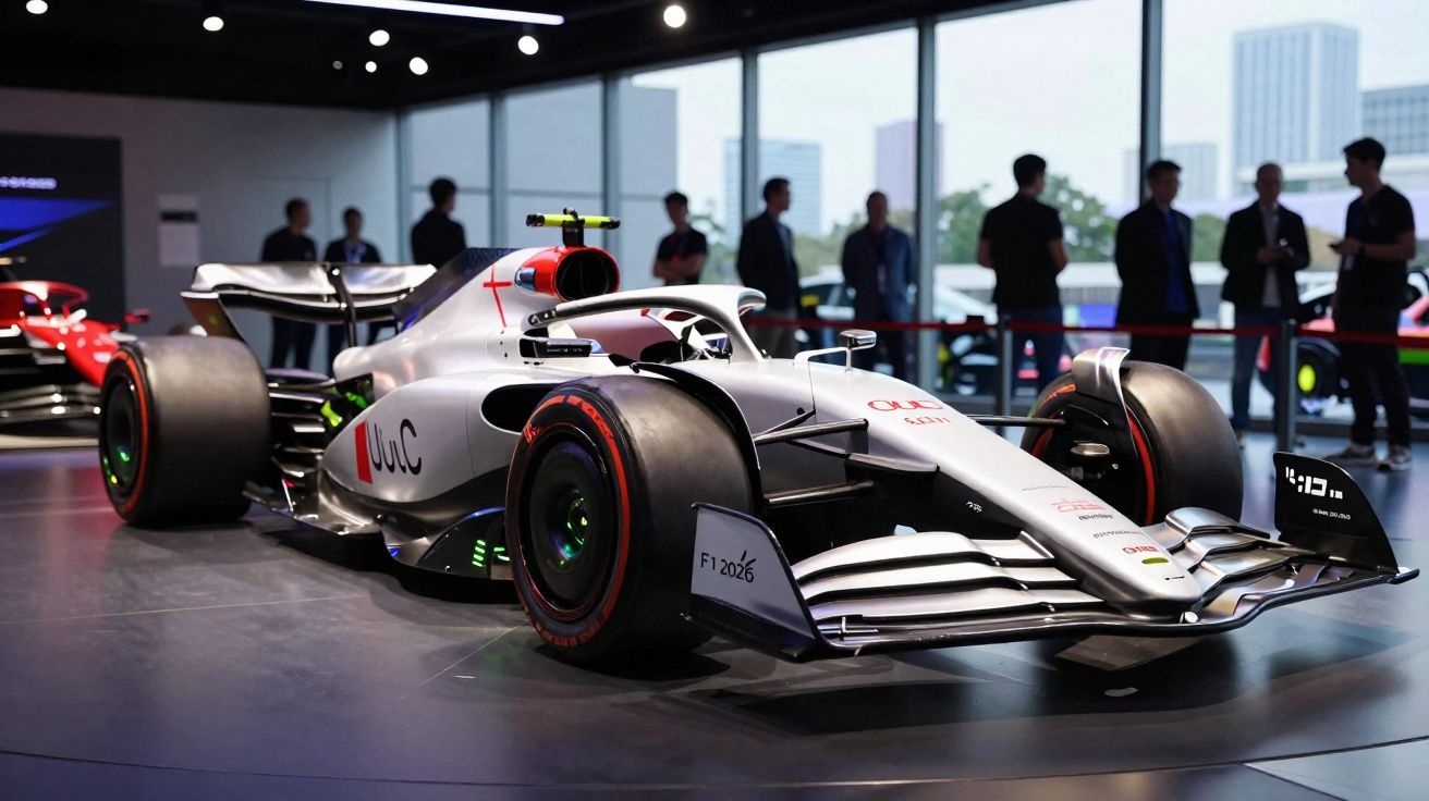 Carro de Fórmula 1 prata em exposição num salão com pessoas ao fundo e janelas grandes de vidro.