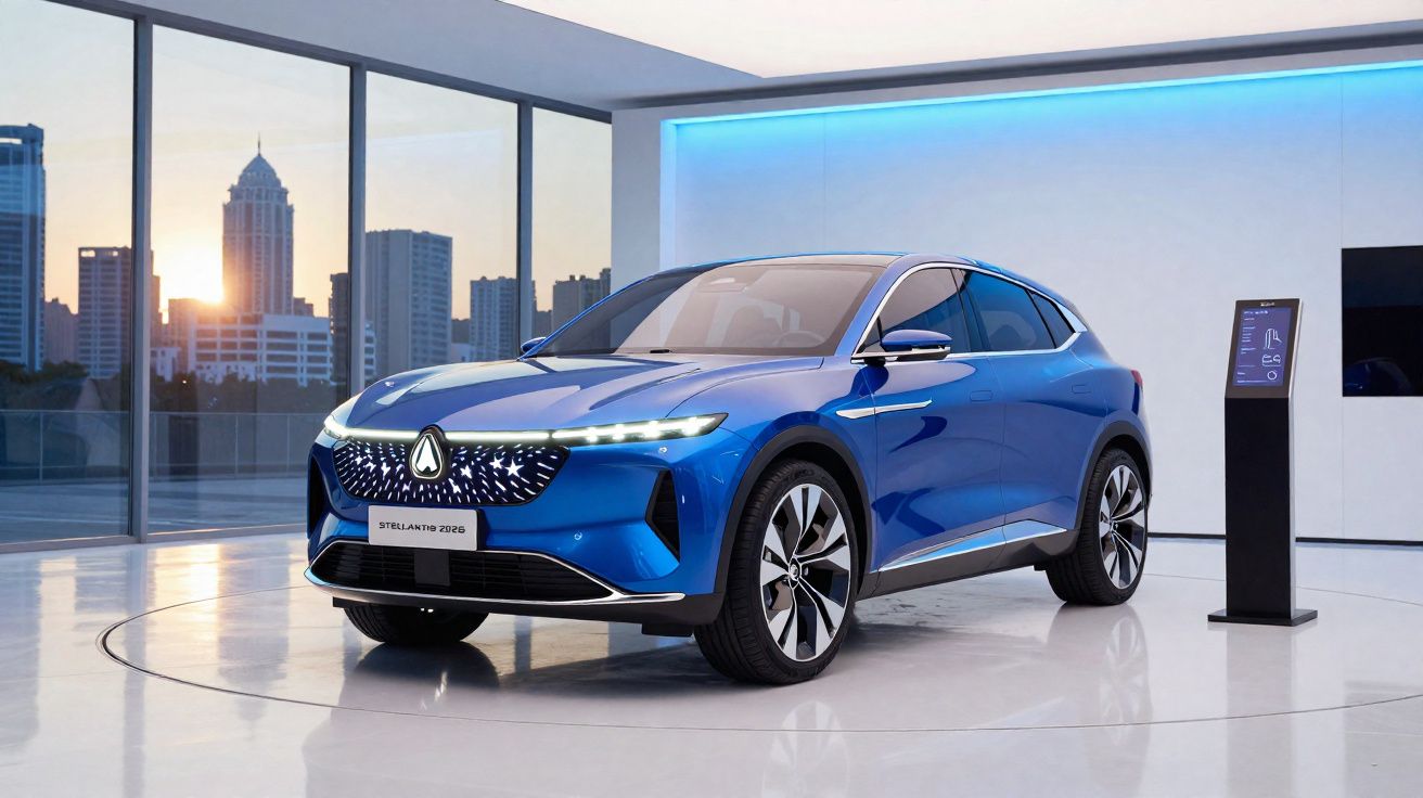 Carro elétrico azul Renault Stellantis 2026, interior moderno com cidade ao pôr do sol ao fundo.