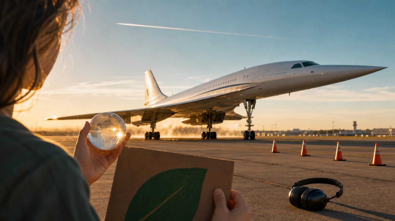 Pessoa segura esfera de vidro e papel com símbolo verde, vendo avião Concorde numa pista ao pôr do sol.