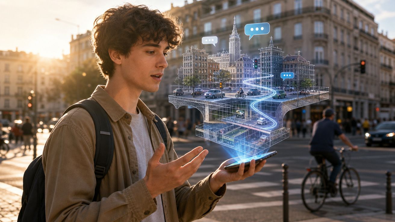 Jovem numa cidade com holograma 3D de ruas e edifícios a sair do telemóvel, simulando navegação.