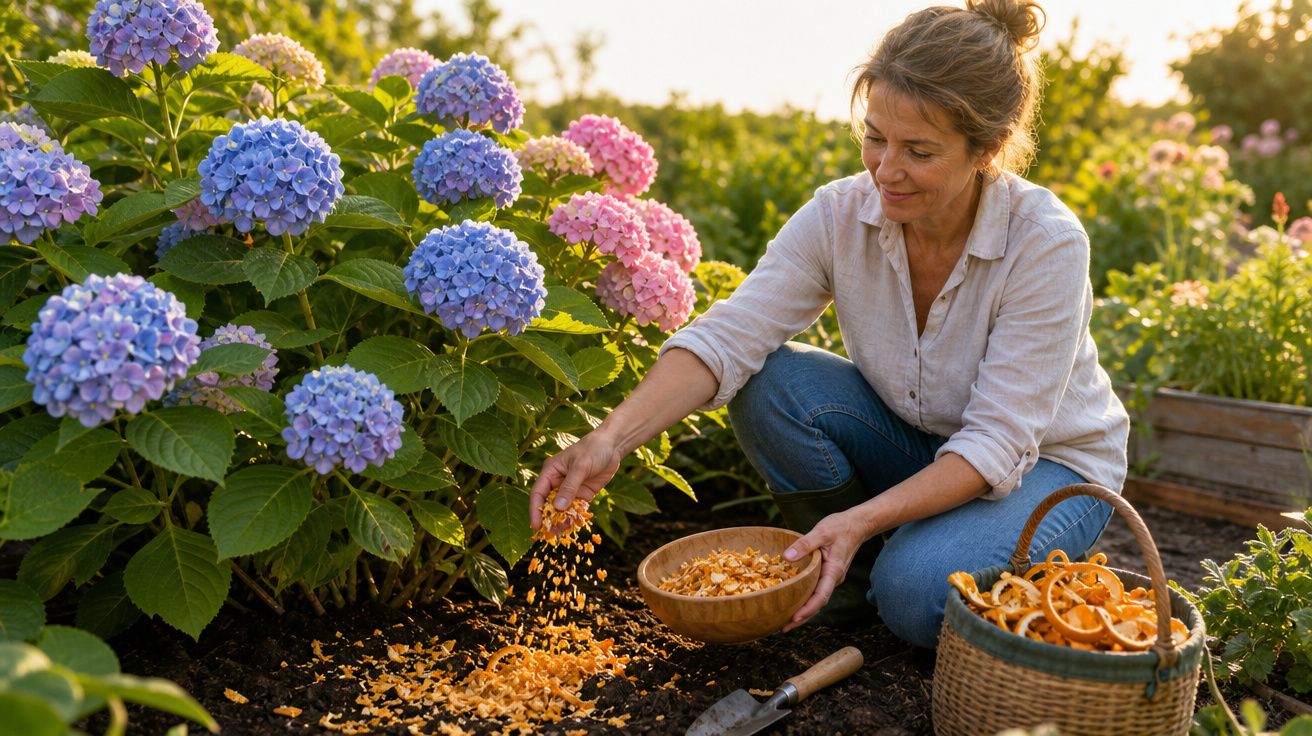 Mulher a fertilizar o solo de um jardim com flores hortênsias rosa e azuis ao entardecer.