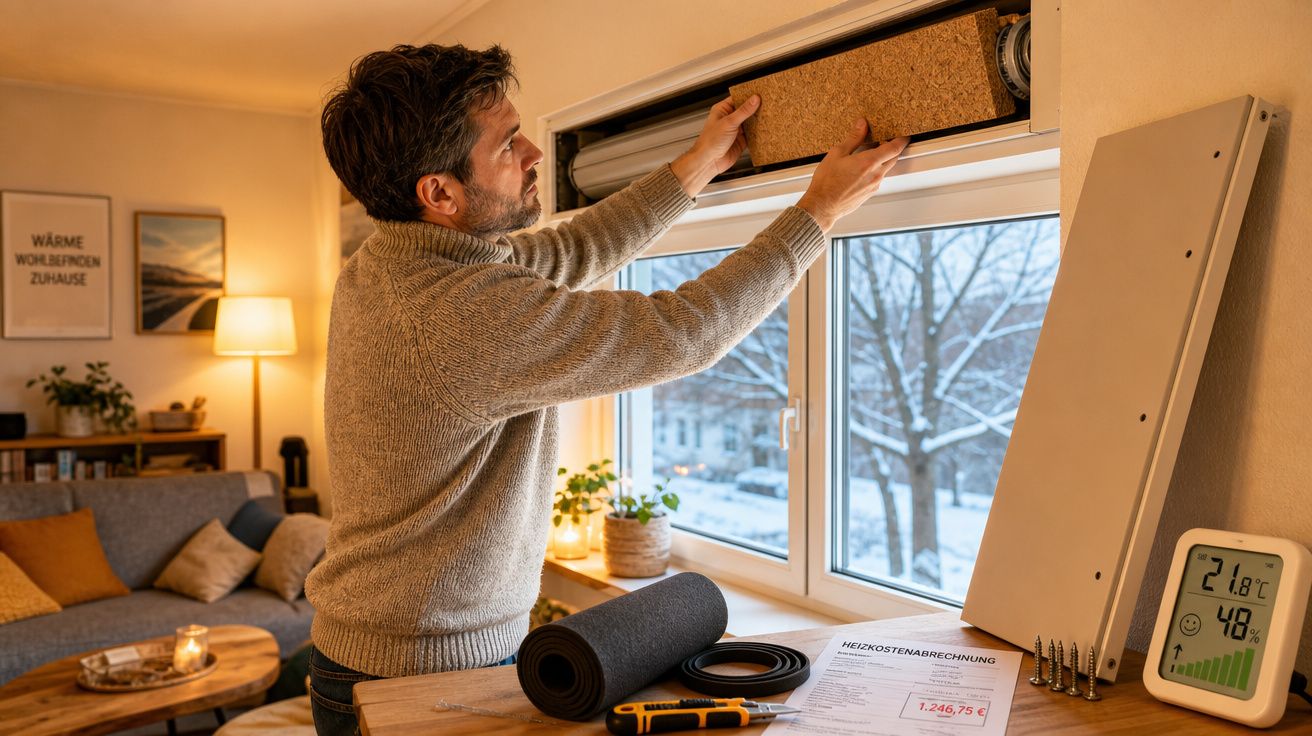 Homem a instalar isolamento térmico numa janela durante inverno, ambiente acolhedor e ferramentas na mesa.