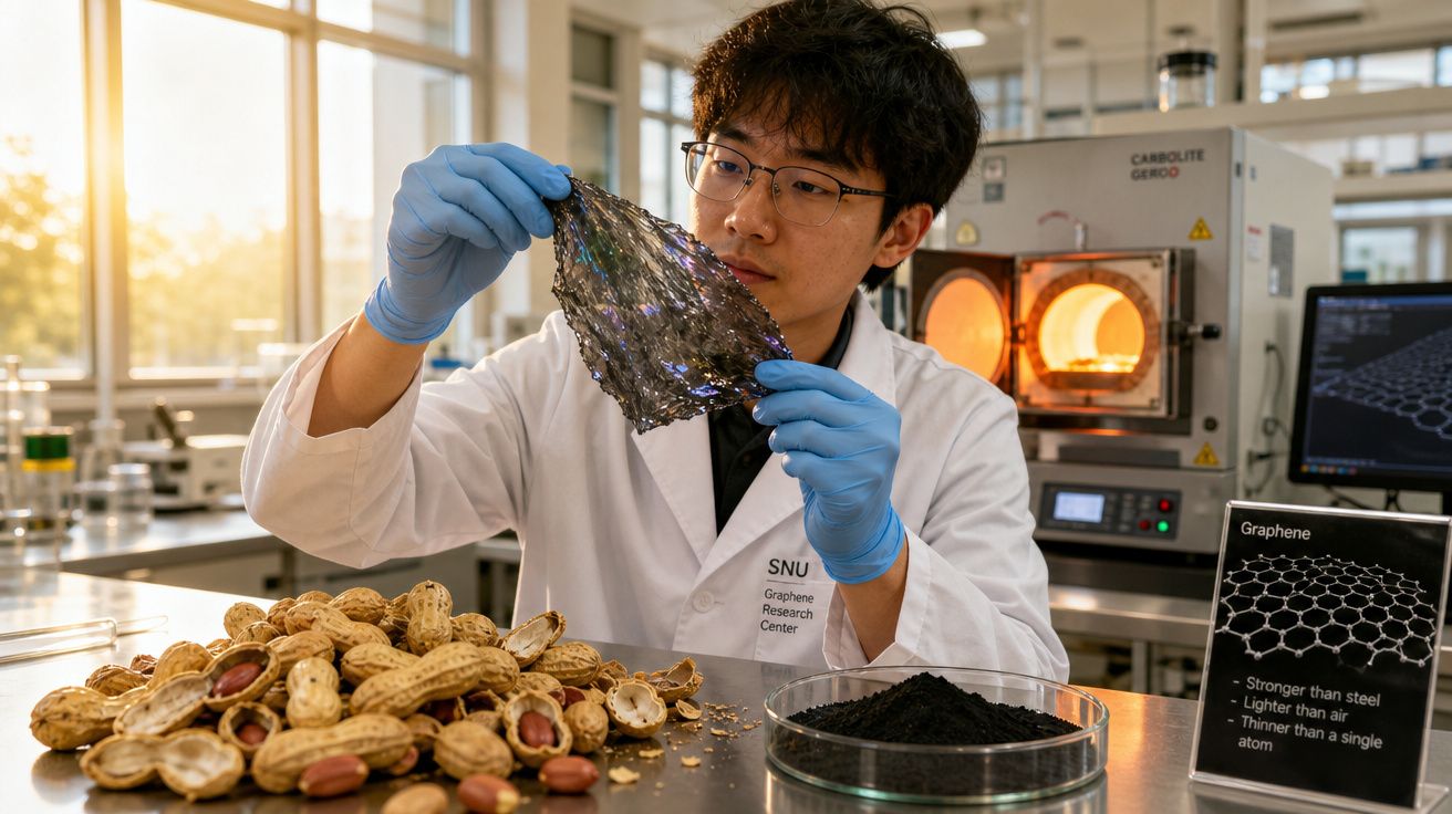 Cientista no laboratório a analisar uma folha de grafeno com amendoins e carbono em pó na mesa.