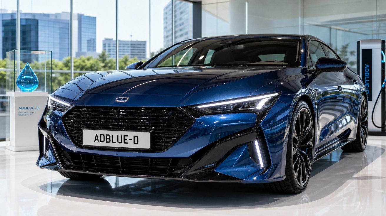 Carro desportivo azul metálico com matrícula ADBLUE-D exposto em showroom moderno com vidro.