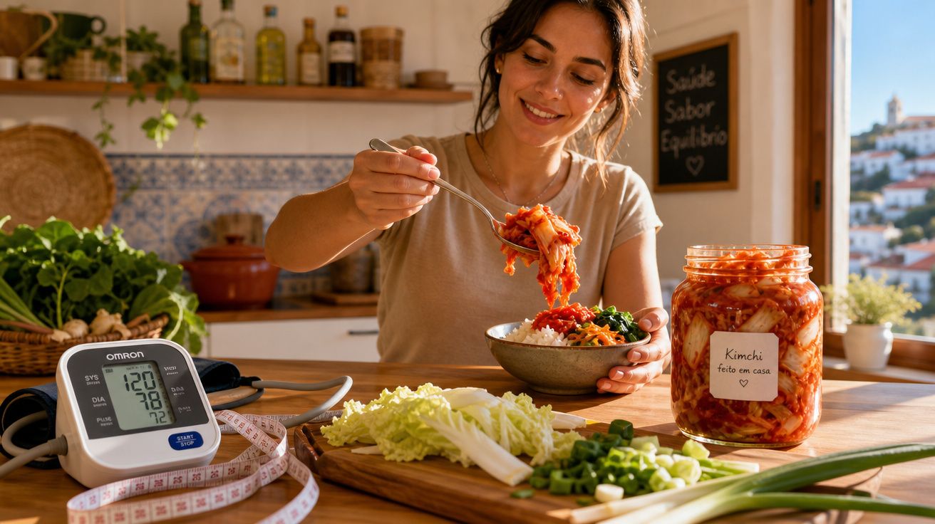 Mulher prepara refeição saudável com kimchi caseiro numa cozinha iluminada e organizada.