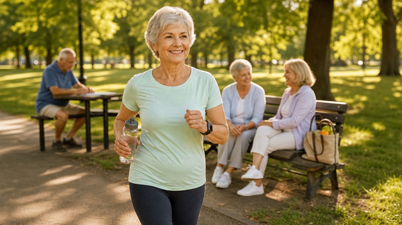 Mulher sénior a correr no parque com garrafa de água, homens e mulheres sentados ao fundo a conversar sorrindo.