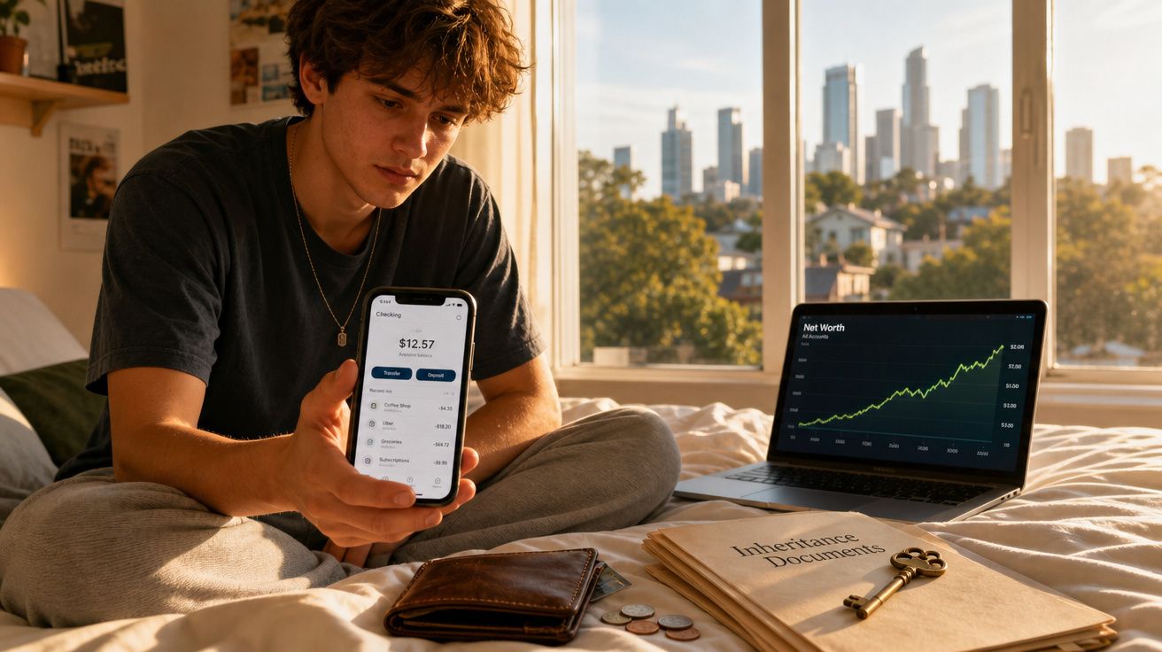 Jovem sentado na cama mostra saldo no telemóvel, com gráficos financeiros no computador e documentos de herança.