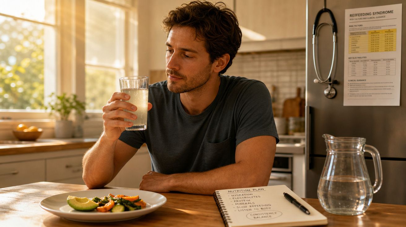 Homem sentado à mesa a olhar para copo de água com refeição e plano nutricional à sua frente numa cozinha iluminada.