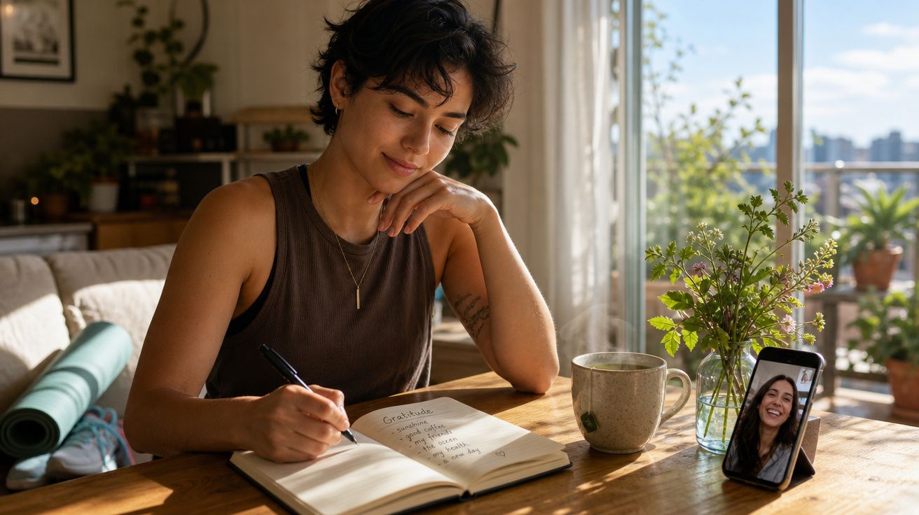 Mulher sentada a escrever num caderno com uma caneca e videochamada num telemóvel numa mesa junto a uma janela.
