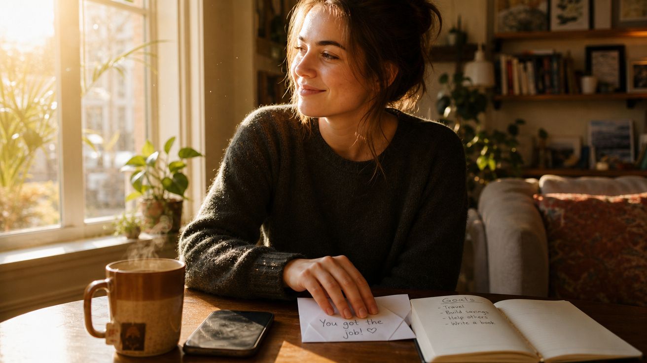 Mulher sorridente a receber carta com mensagem positiva numa mesa com chá, smartphone e caderno aberto.