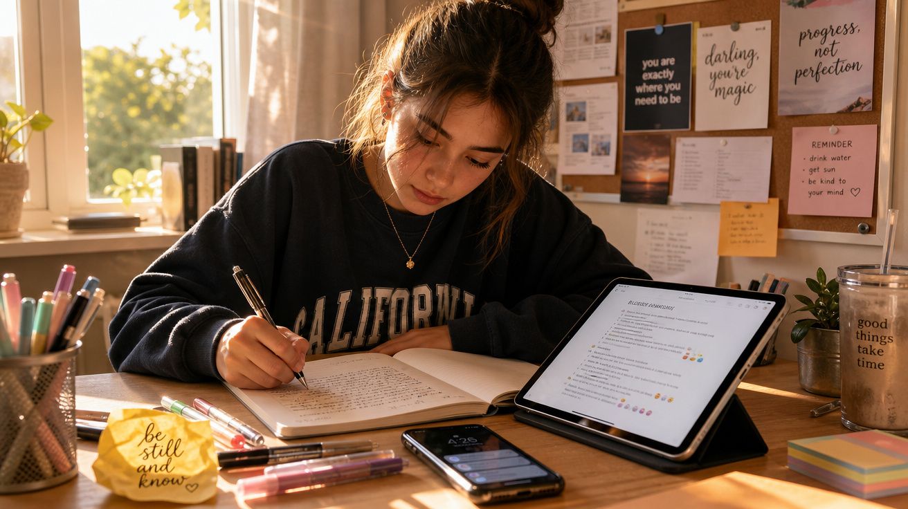 Jovem a estudar numa secretária iluminada por luz natural, rodeada de material de escrita e dispositivos eletrónicos.