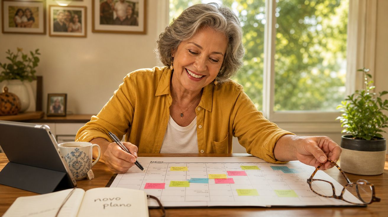 Mulher sénior sorridente a organizar um calendário de mesa com notas coloridas, ao lado de um tablet e uma caneca.