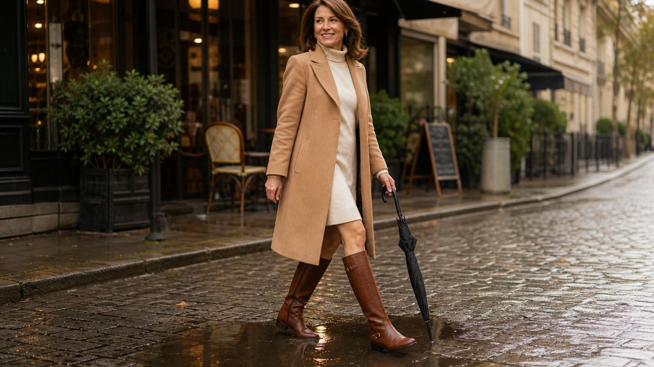 Mulher sorridente com casaco bege e botas castanhas caminha numa rua molhada a segurar um guarda-chuva preto.