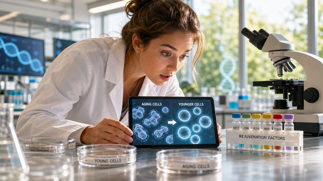 Cientista de cabelos apanhados observa tablet com imagem de células envelhecidas e jovens num laboratório.