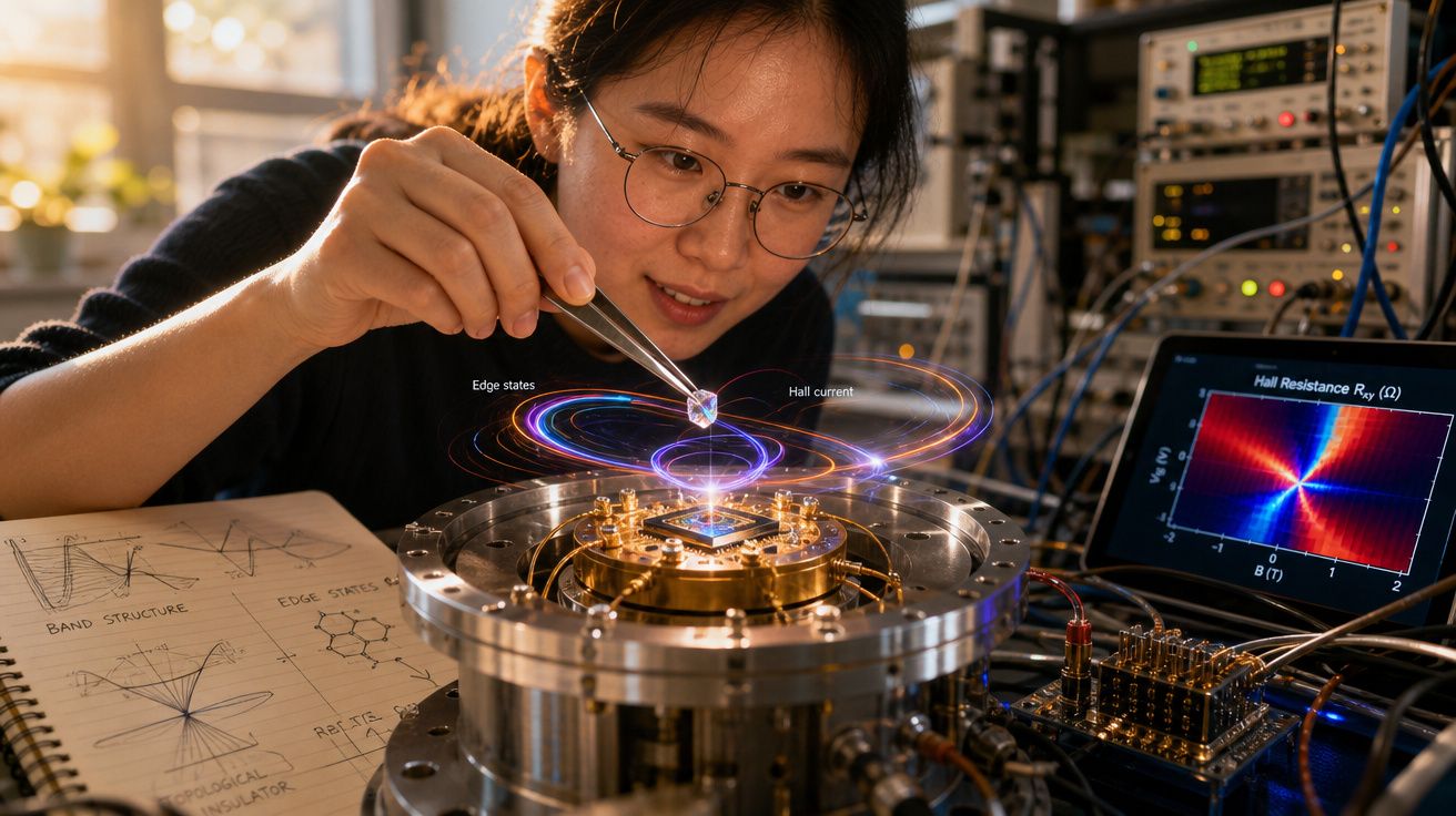 Investigadora a manipular experimento científico com equipamento eletrónico e gráficos digitais visíveis.