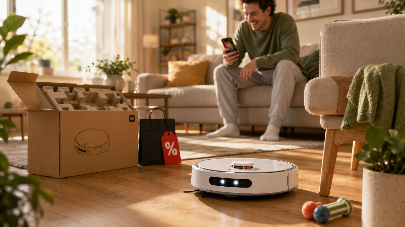 Robô aspirador a limpar chão de sala com homem sorridente no sofá a usar telemóvel ao fundo.
