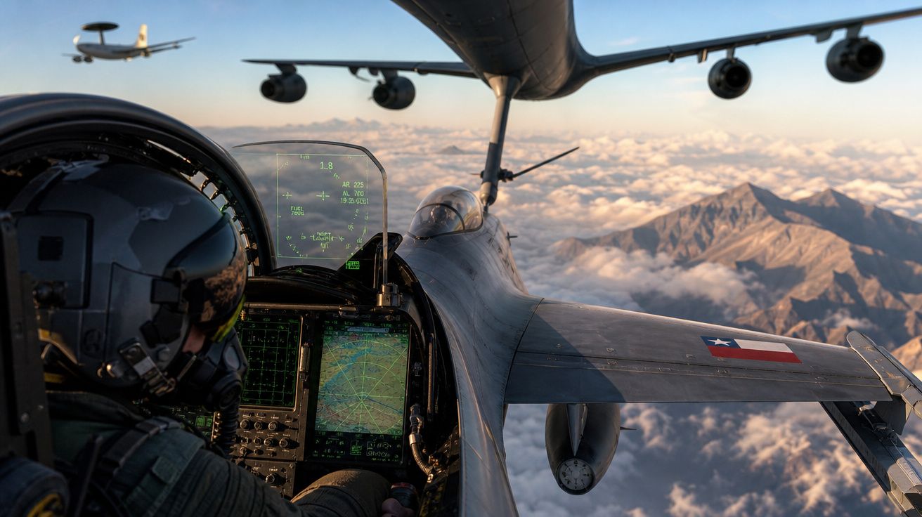 Piloto num caça a abastecer no ar por um avião-tanque com montanhas e nuvens ao fundo.