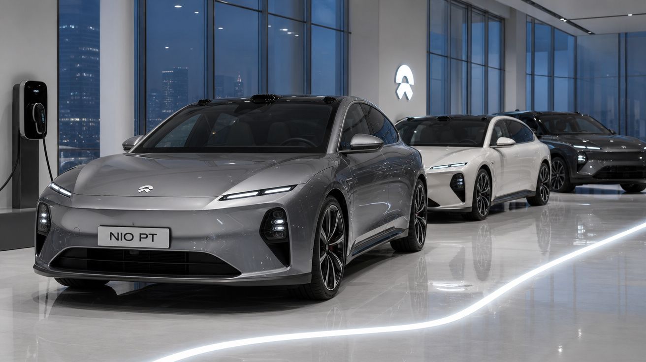 Três carros elétricos modernos da Nio em exposição numa sala com grandes janelas e carregador elétrico na parede.