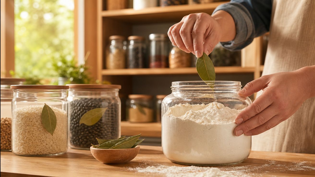 Mãos colocam folhas de louro em frascos de vidro com farinha, arroz e feijão numa cozinha iluminada.