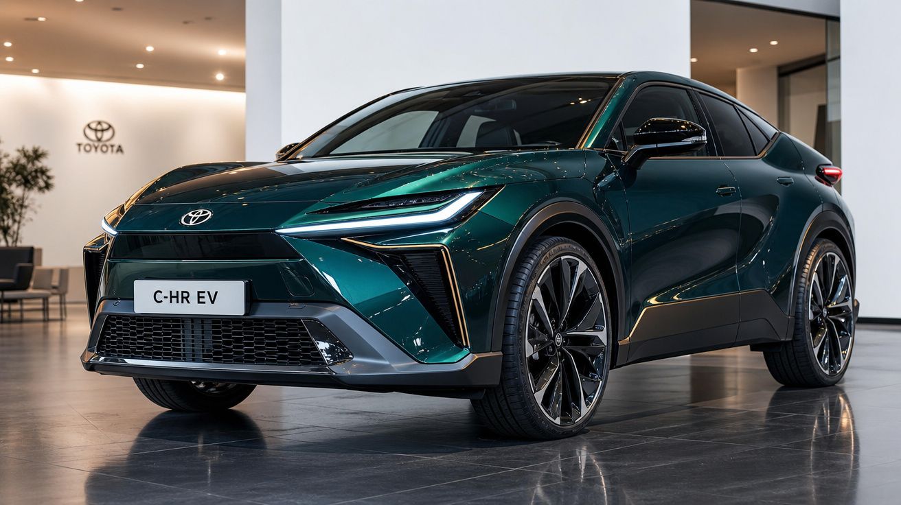 Carro elétrico Toyota C-HR EV verde exposto em salão moderno com pavimento cinza e iluminação indireta.