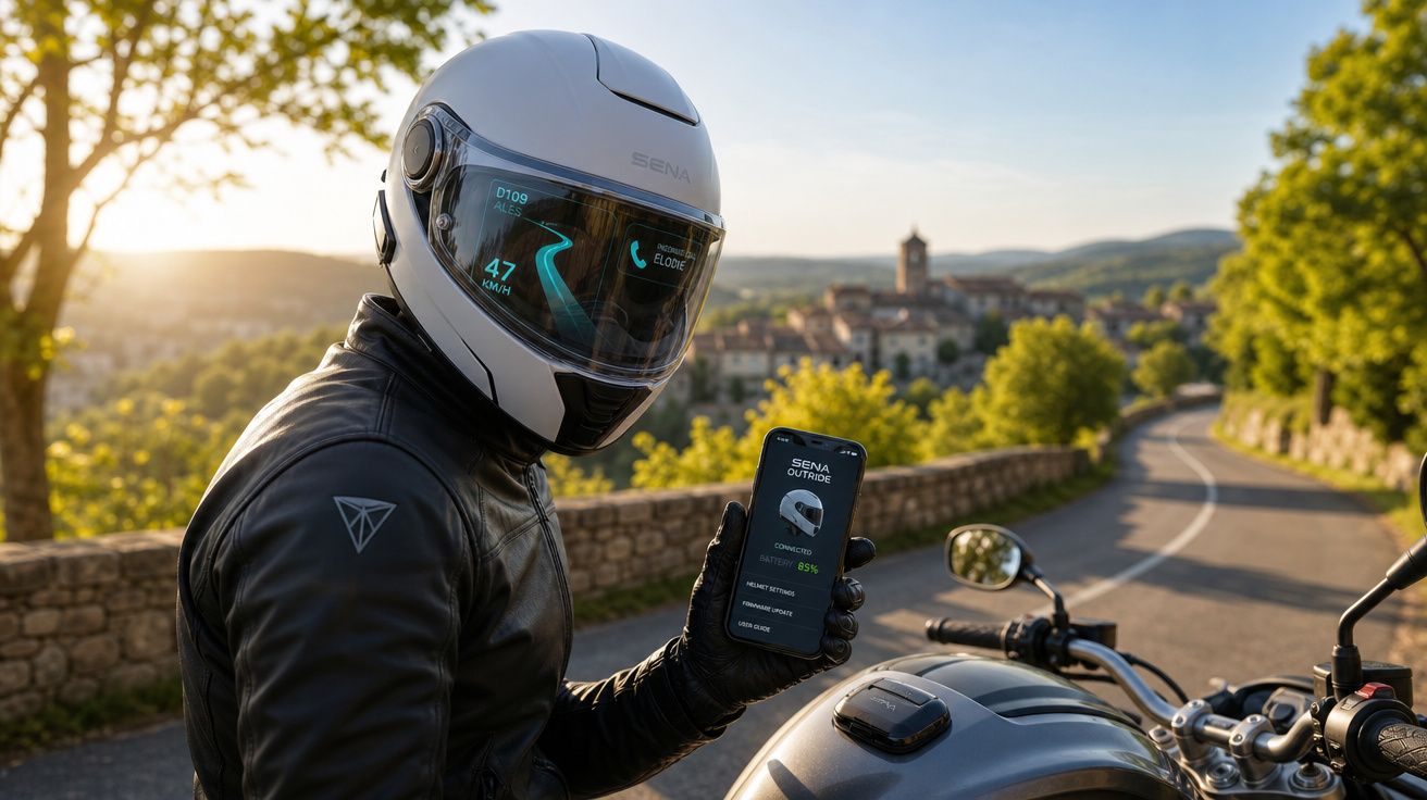 Motociclista com capacete tecnológico e fato de couro mostra telemóvel junto a estrada rural ao pôr do sol.