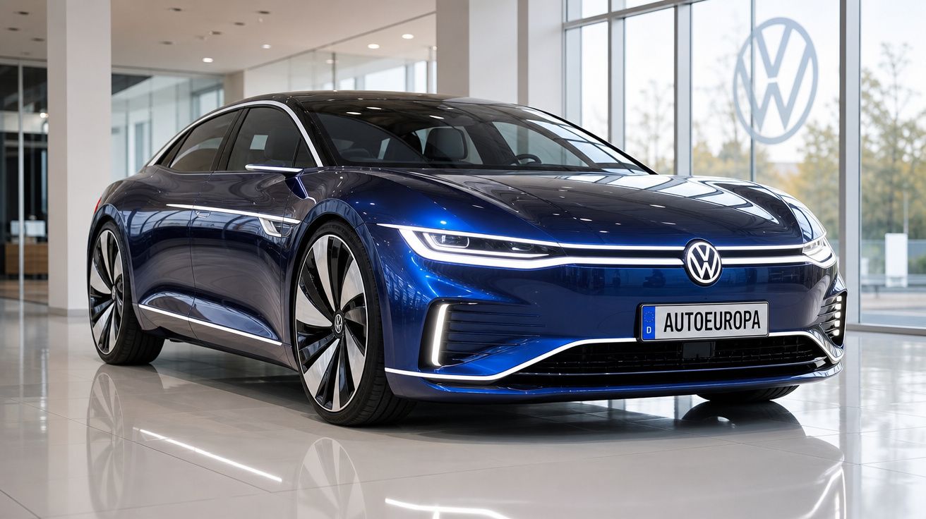 Automóvel elétrico Volkswagen azul metálico exposto em salão com fachada envidraçada.