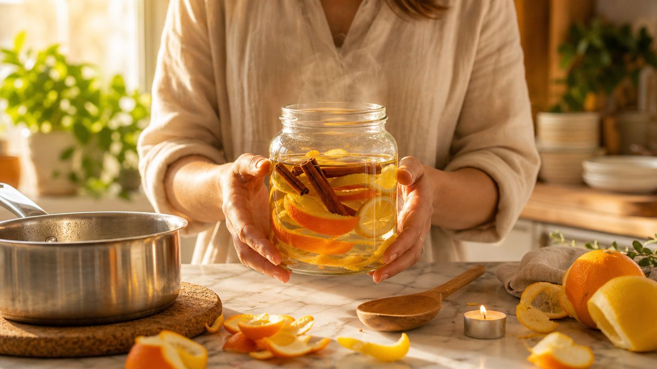 Pessoa a segurar frasco com infusão de aromas cítricos e paus de canela numa cozinha iluminada.
