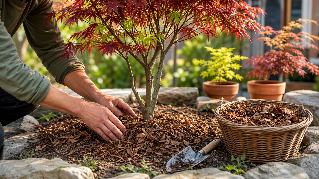 Pessoa a cuidar de árvore com folhas vermelhas em jardim com cesta de folhas secas e pequena enxada.